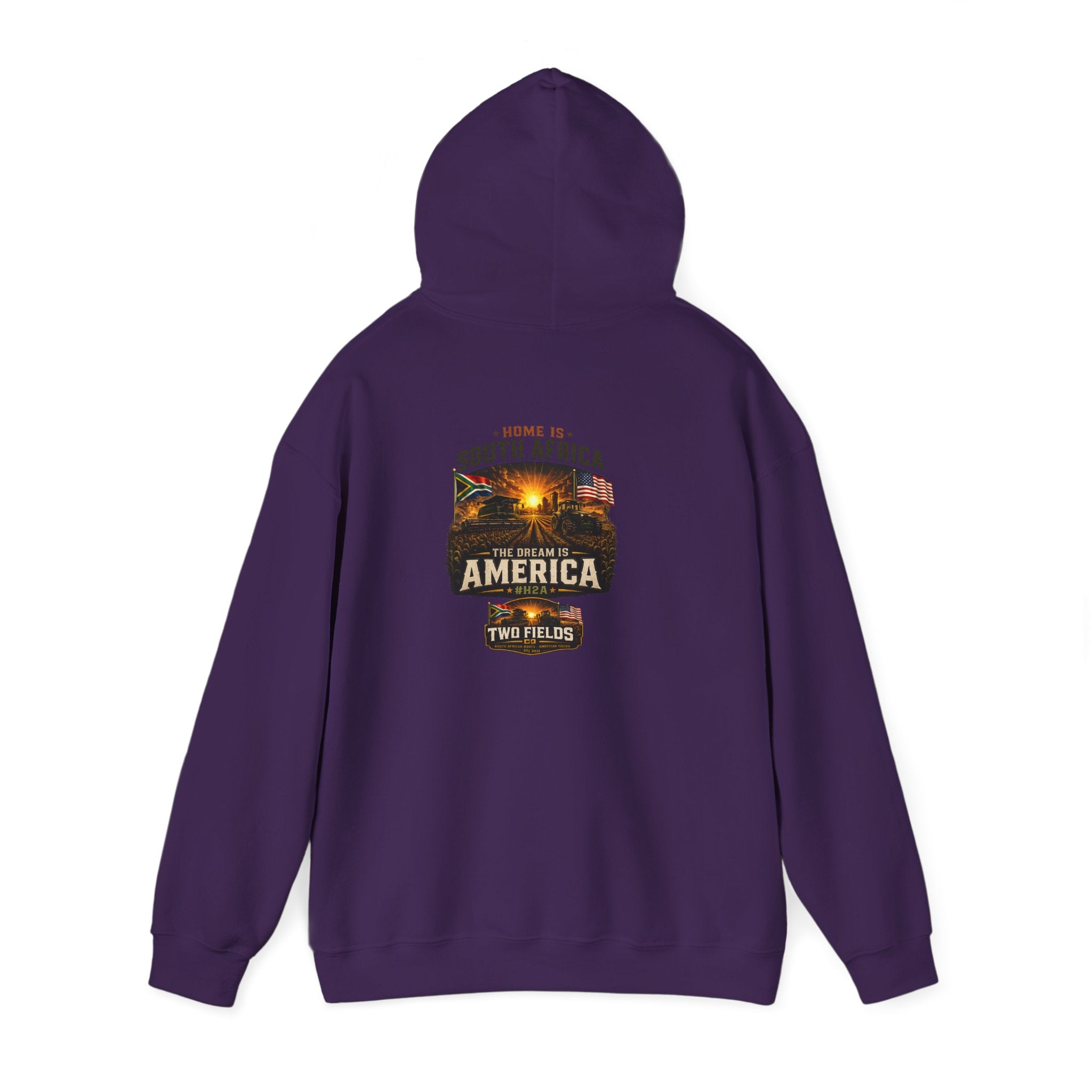 Purple pullover hoodie with back graphic print centered below hood, rear view