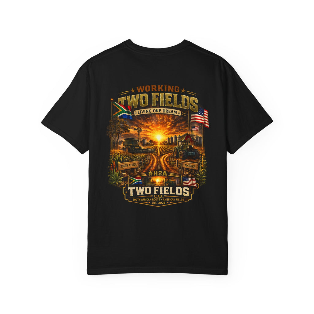 Black T-shirt with large back-to-sunset graphic and “Two Fields” text, crew neck.