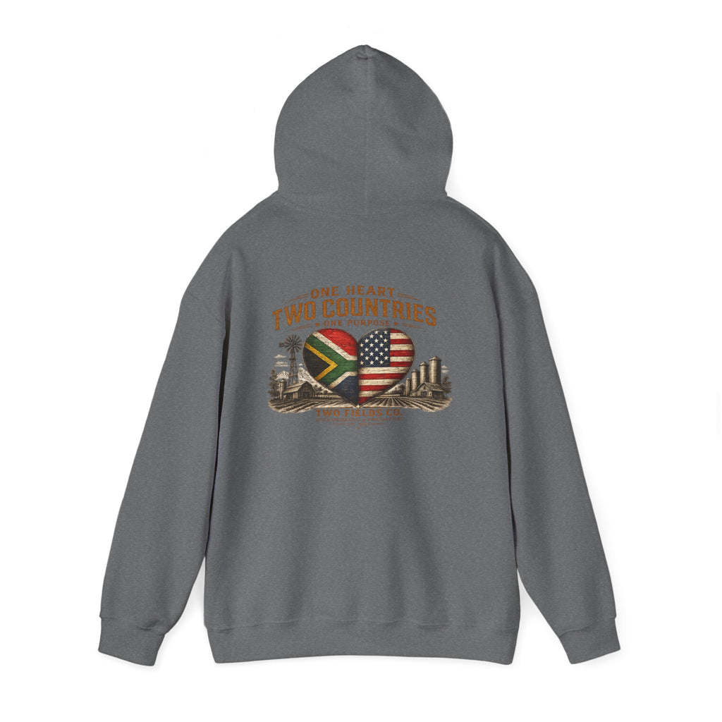 Heather gray pullover hoodie, back view, with flag heart graphic and “Two Countries” text