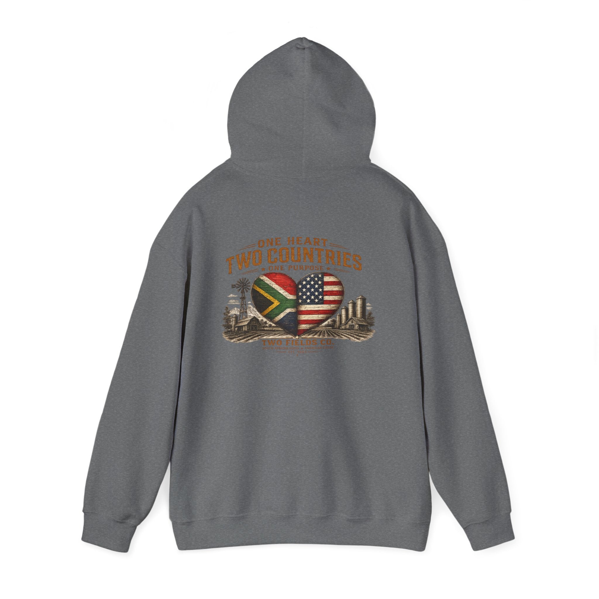 Heather gray pullover hoodie, back view, with flag heart graphic and “Two Countries” text
