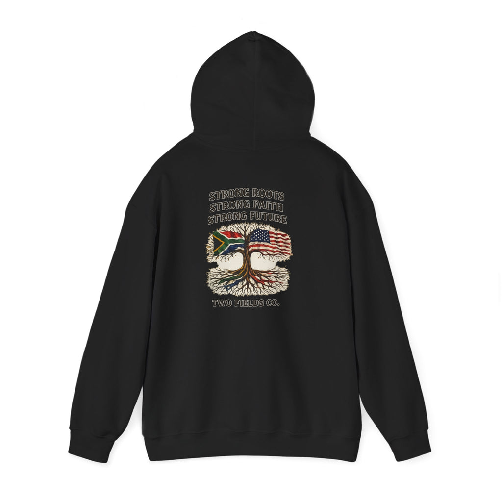 Black pullover hoodie with back graphic of tree, U.S. flag, and slogan