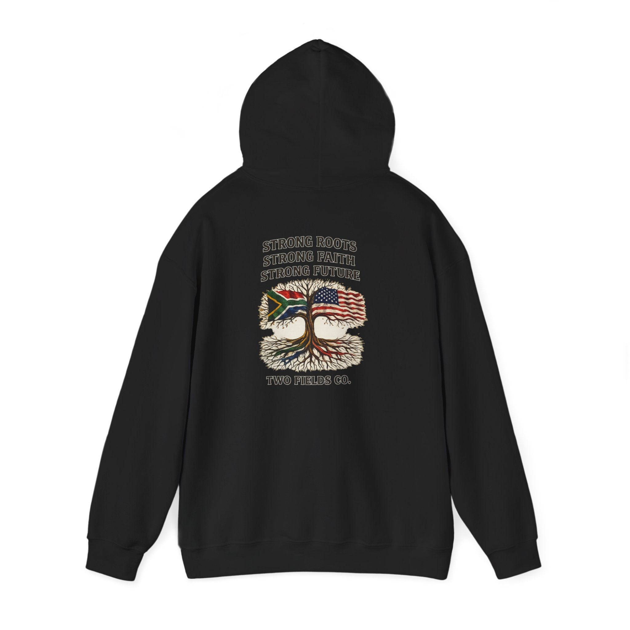 Black pullover hoodie with back graphic of tree, U.S. flag, and slogan