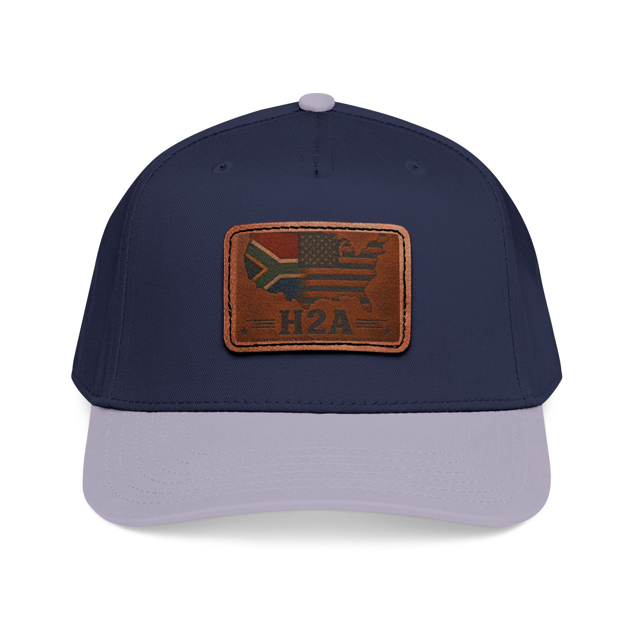 Navy leather patch baseball cap with light gray brim and rectangular H2A flag patch