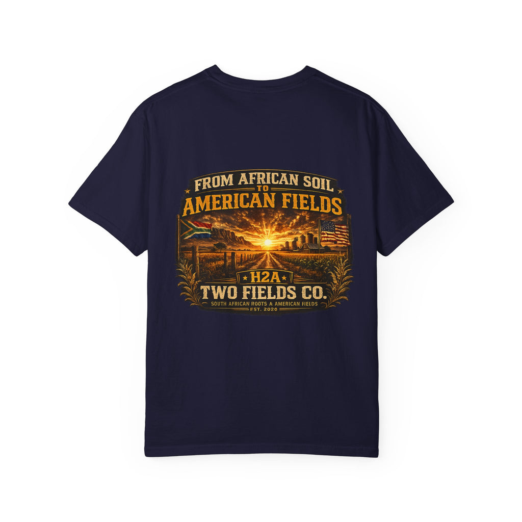 Navy T-shirt with 'From African Soil to American Fields' farm sunset graphic