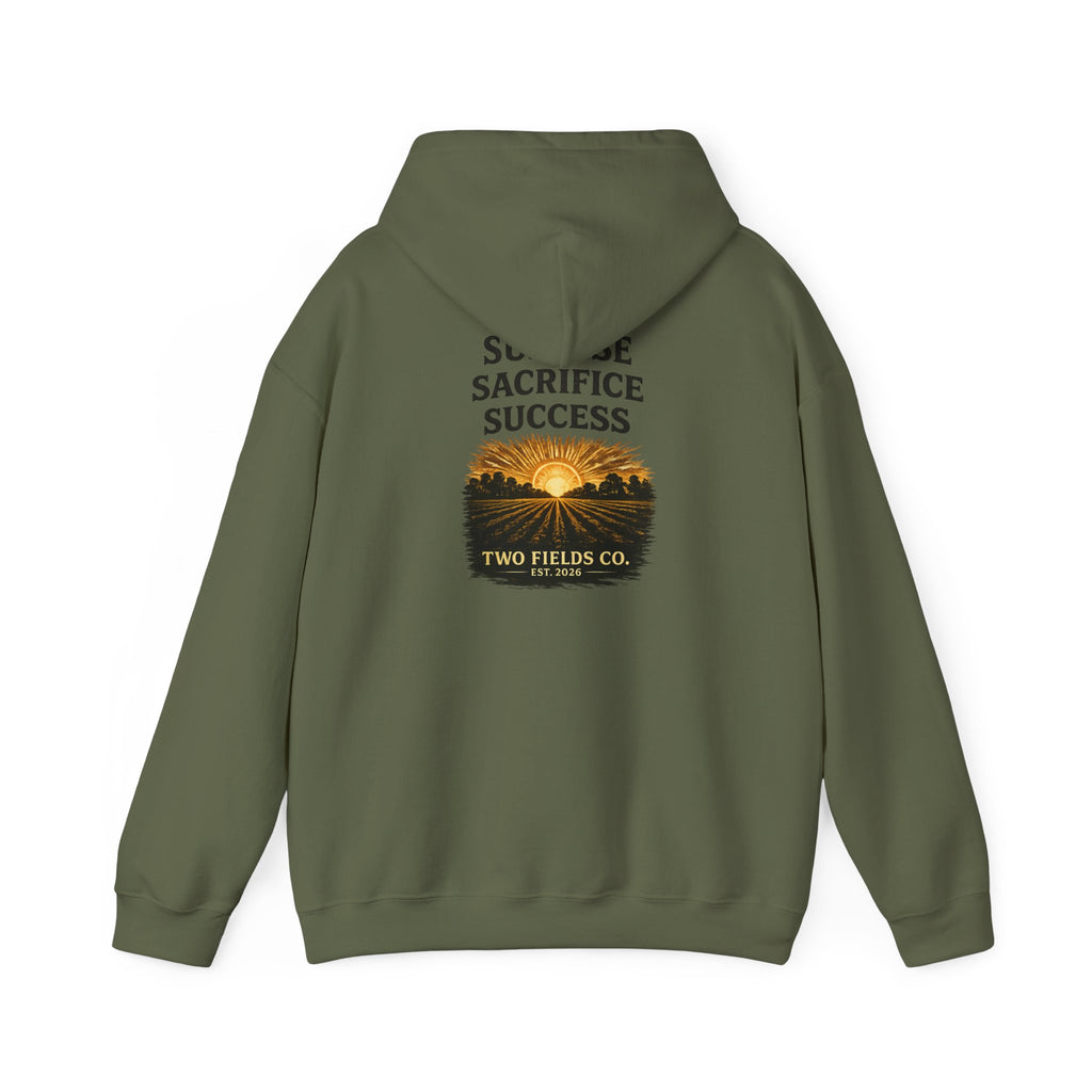 Olive green hooded sweatshirt with back graphic text “SACRIFICE SUCCESS”