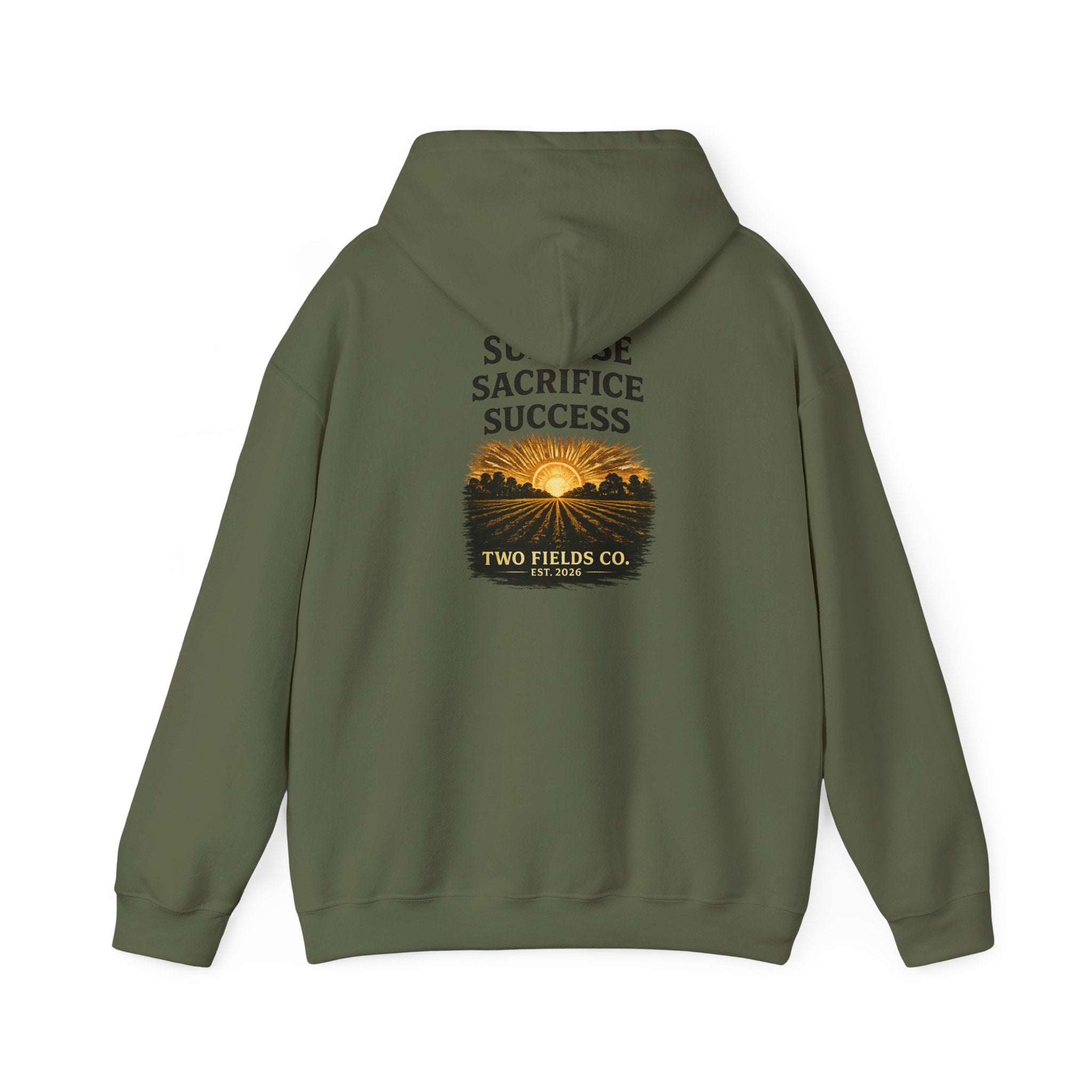 Olive green hooded sweatshirt with back graphic text “SACRIFICE SUCCESS”