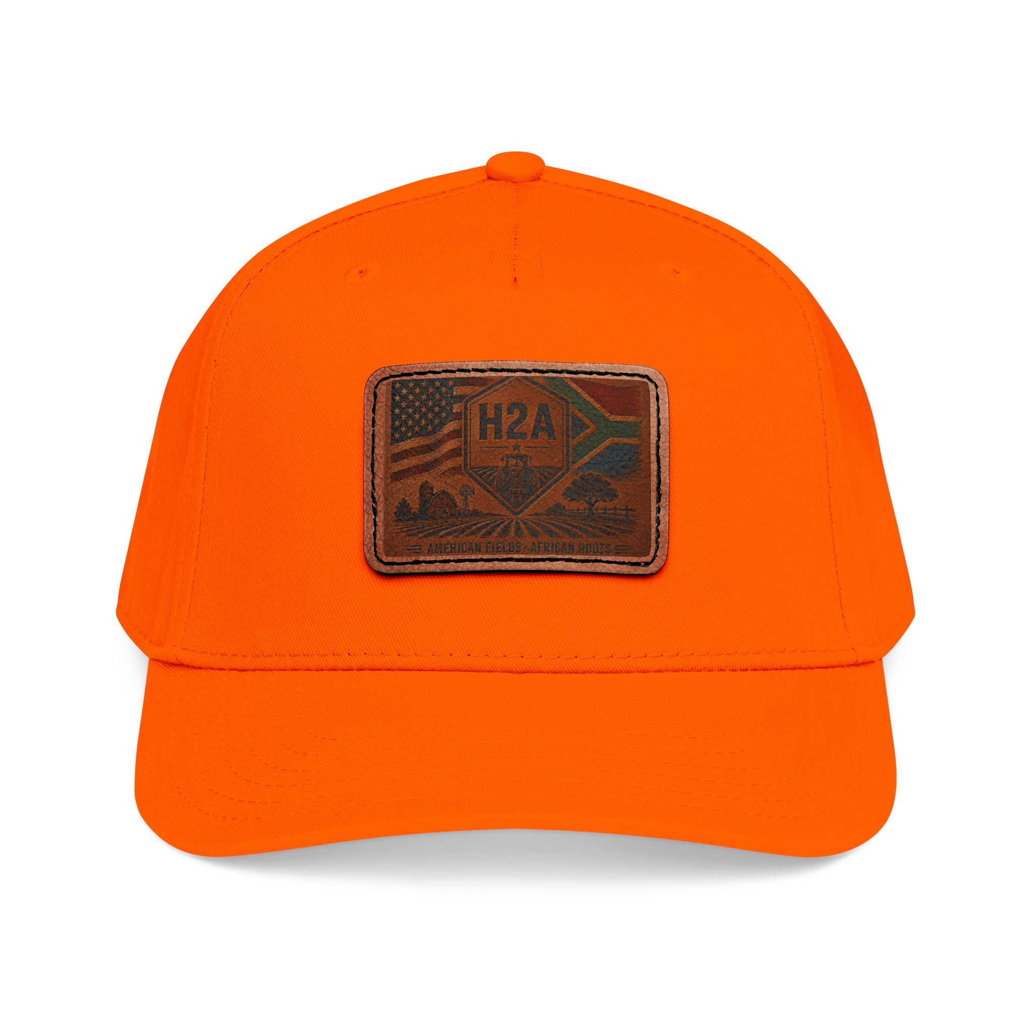 Orange baseball cap with rectangular H2A flag leather patch.