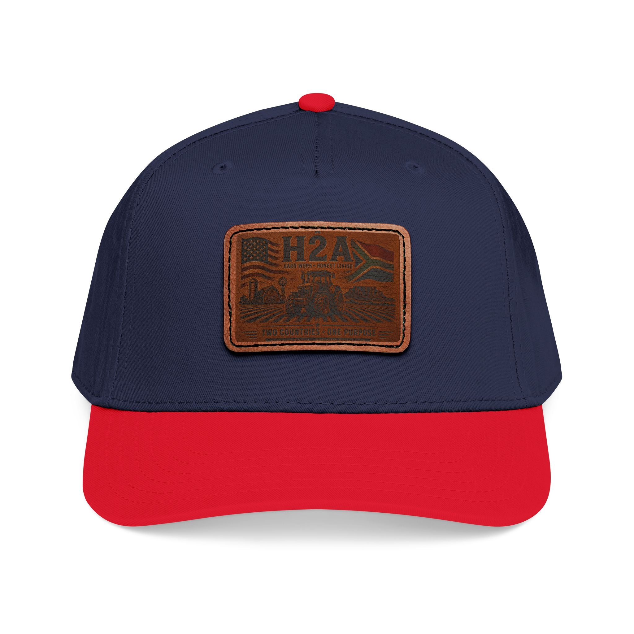 Dark navy and red two-tone baseball cap with stitched rectangular H2A patch logo