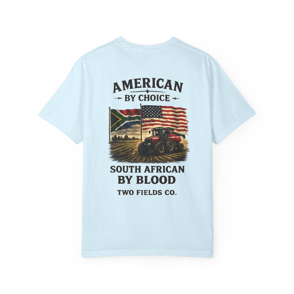 Light blue T-shirt with American by Choice South African by Blood front graphic