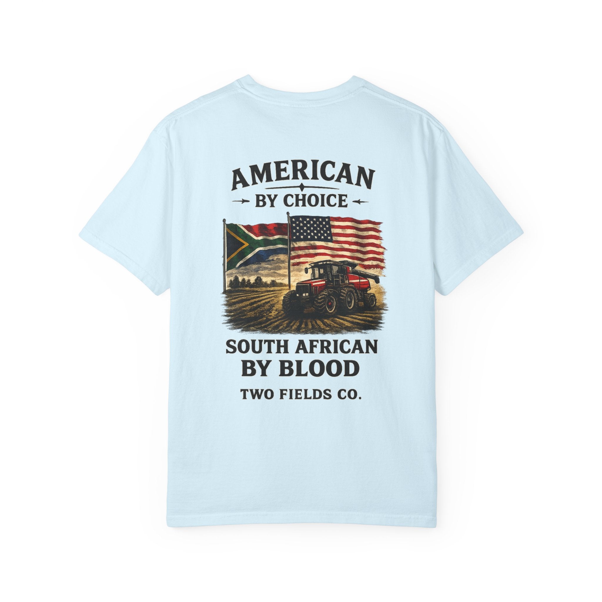 Light blue T-shirt with American by Choice South African by Blood front graphic