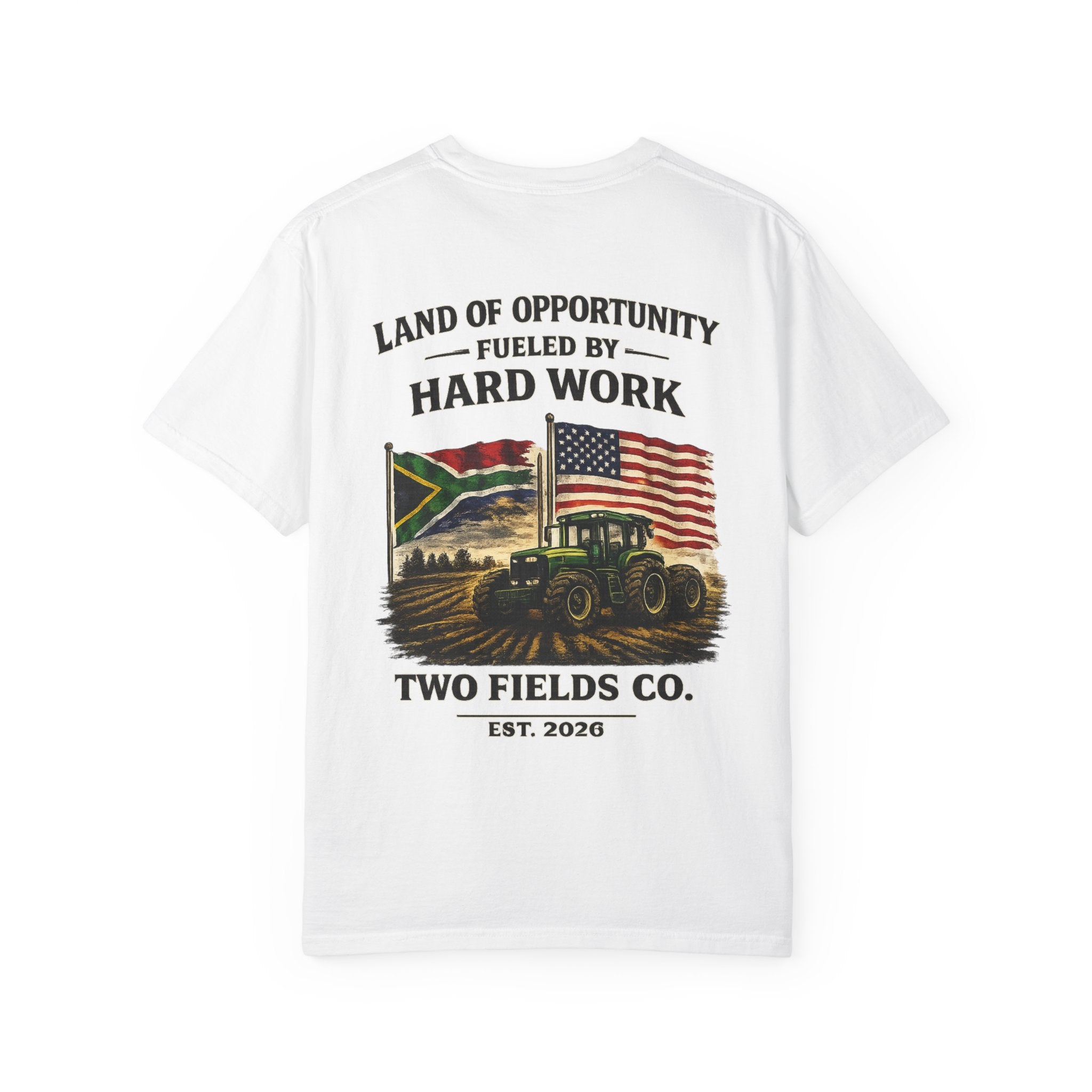 Two Fields tractor T-shirt, white, back graphic with tractor and text