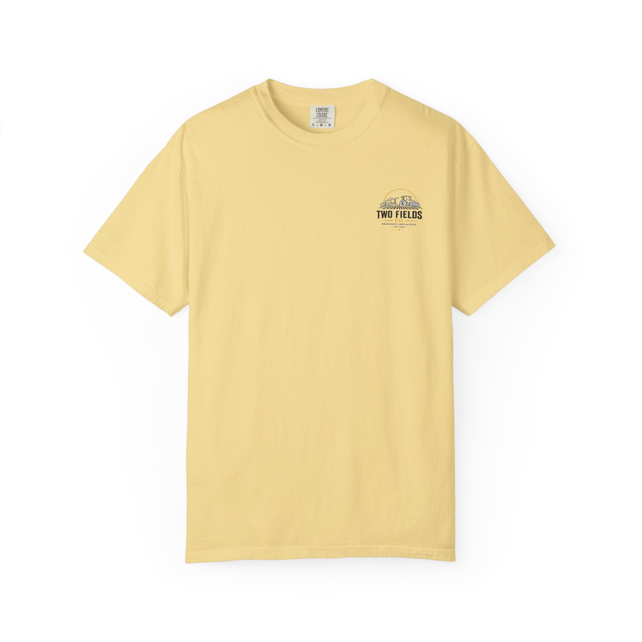 Light yellow T-shirt with small circular Two Fields logo on the chest