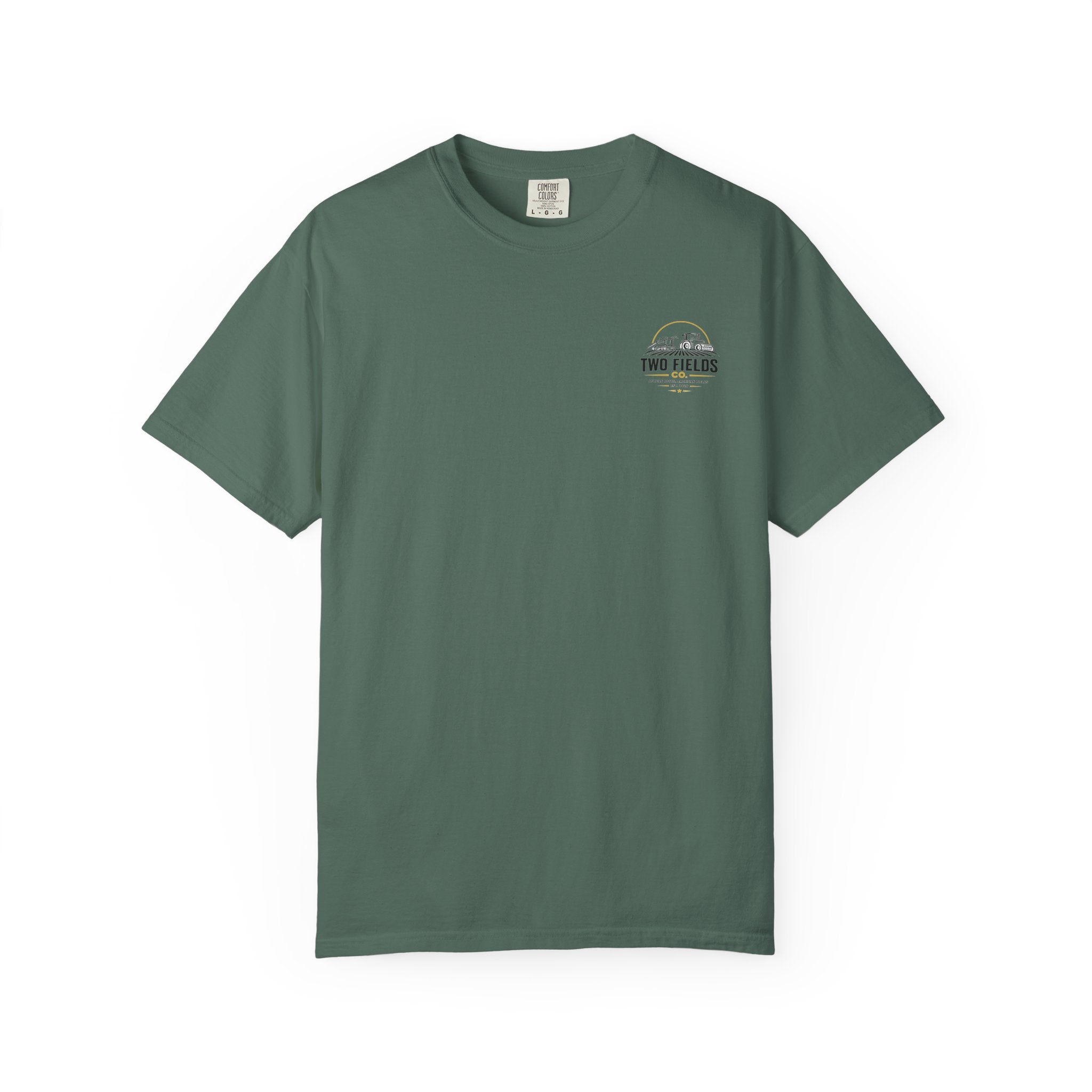 Deep green crew-neck T-shirt with small round Two Fields logo on the left chest