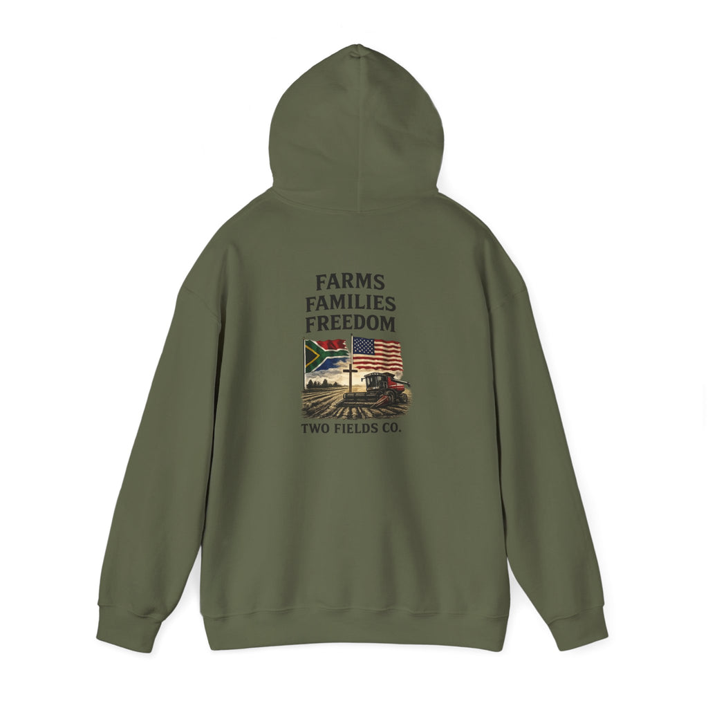Olive pullover hoodie with drawstring hood and back Freedom graphic