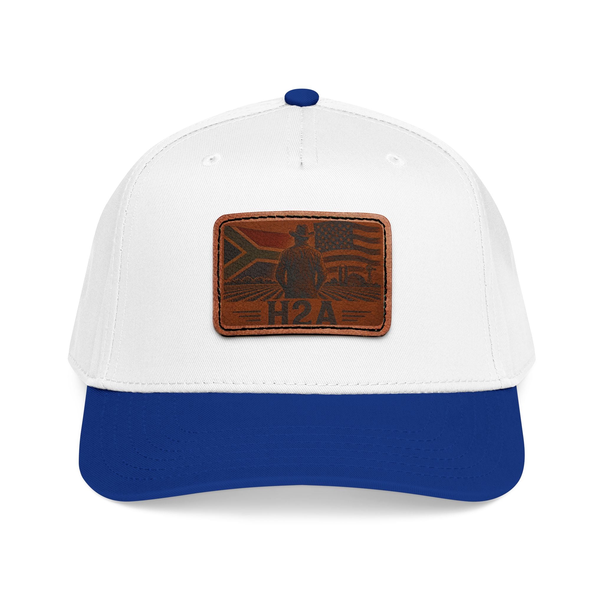 Two-tone leather patch baseball cap in white and darker blue with H2A flag patch