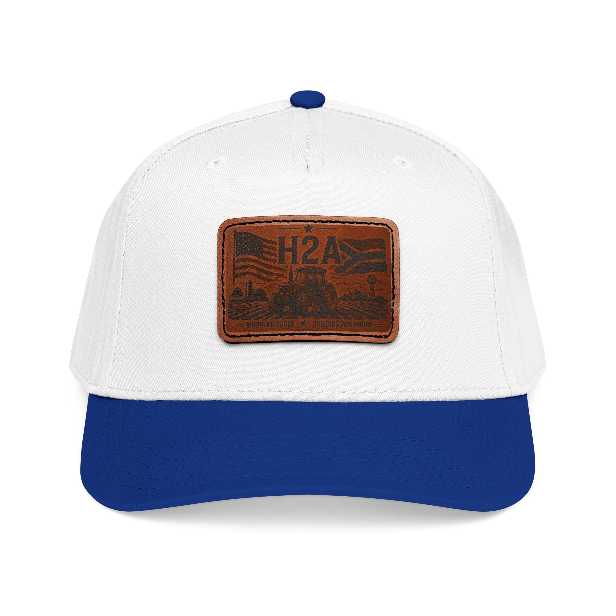 White baseball cap with rectangular H2A leather patch on front