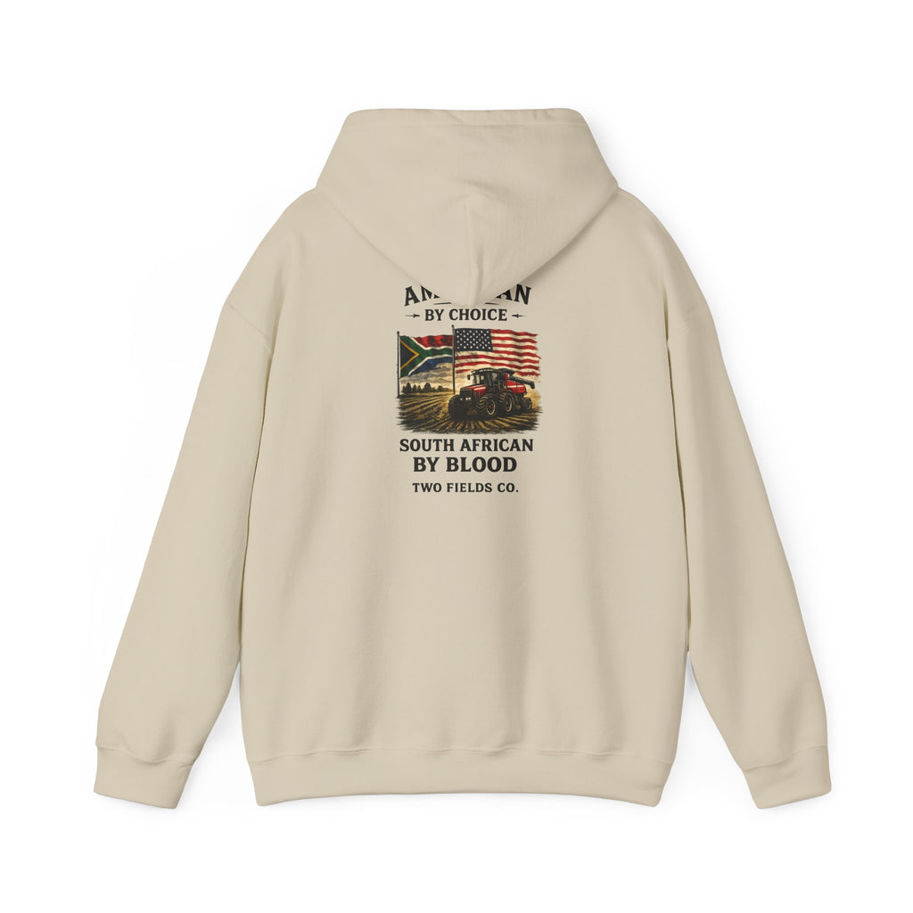 Cream hoodie with back graphic text and multicolor flag print