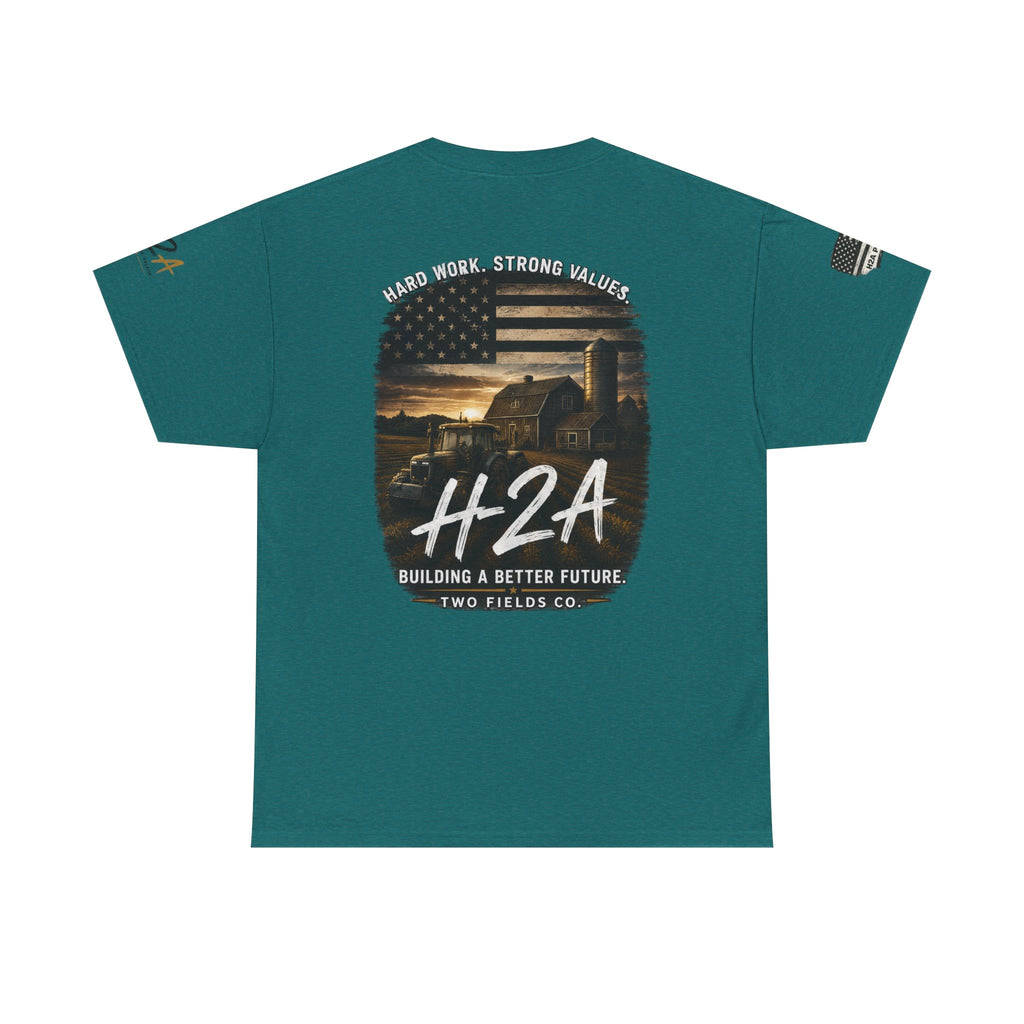 Teal farming T-shirt with back patriotic farm graphic and H2A text