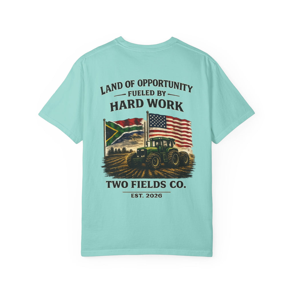 Light teal T-shirt with “Land of Opportunity Fueled by Hard Work” tractor graphic