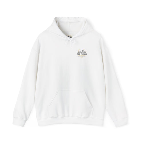 White pullover hoodie with drawstring hood and small chest “Two Fields” logo