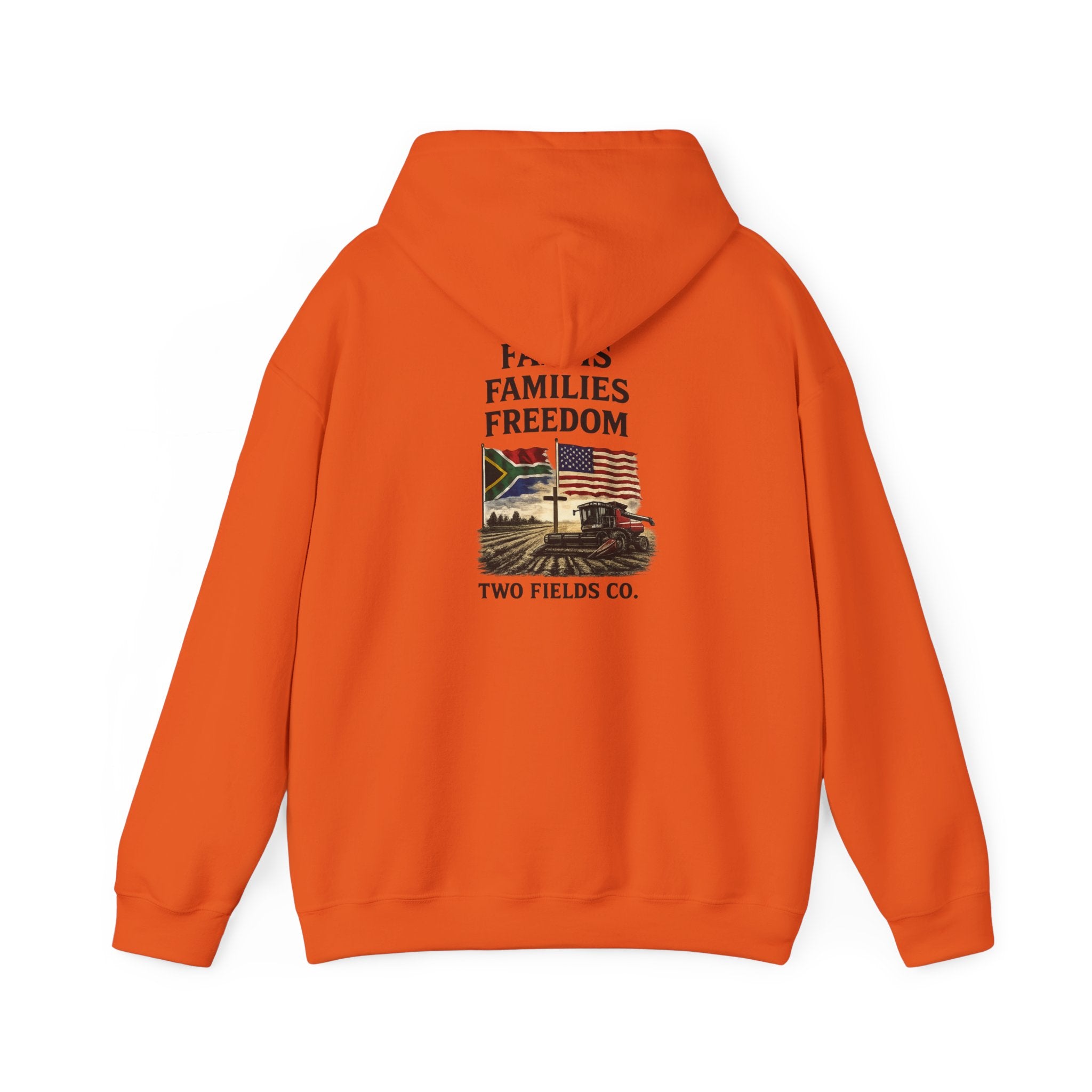 Orange pullover hoodie with back graphic text and landscape, hood with drawstring, Two Fields Co.