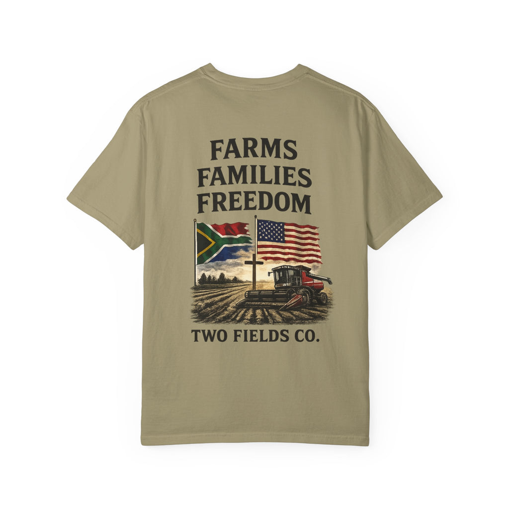 Olive green graphic farm T-shirt with 'FARMS FAMILIES FREEDOM' and tractor print