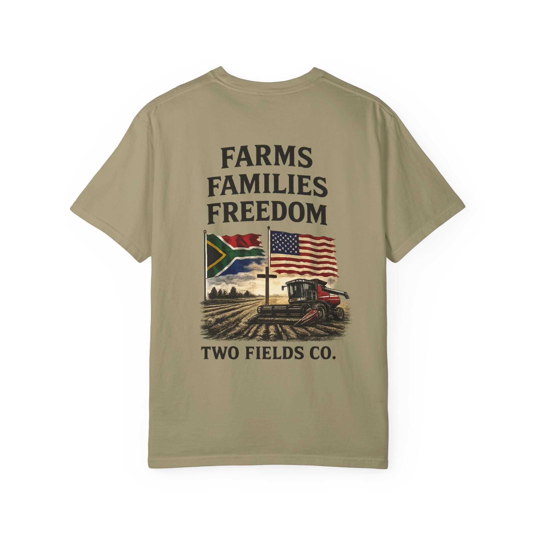 Olive green graphic farm T-shirt with 'FARMS FAMILIES FREEDOM' and tractor print