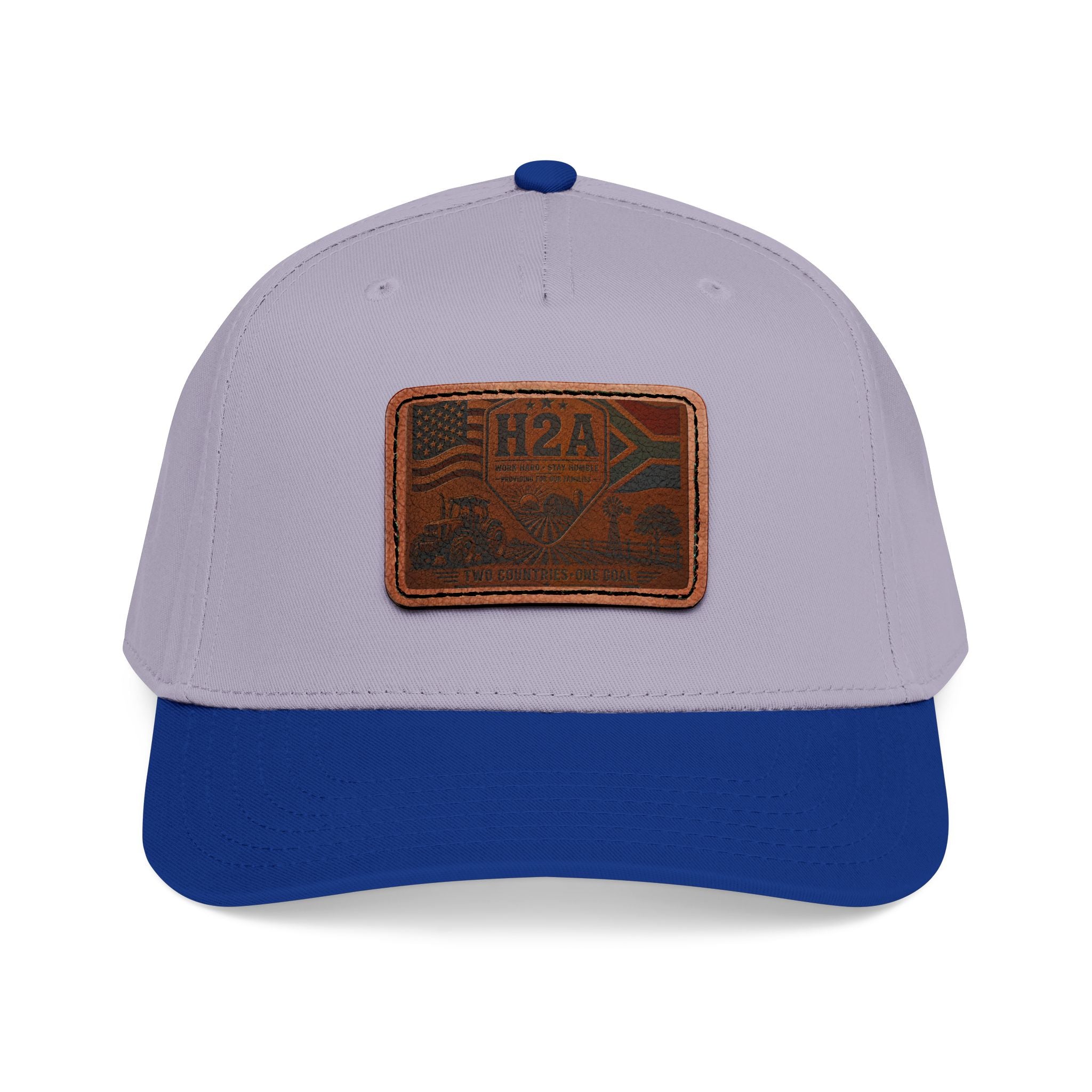 Two-tone leather patch baseball cap in light gray with dark blue brim and H2A logo patch