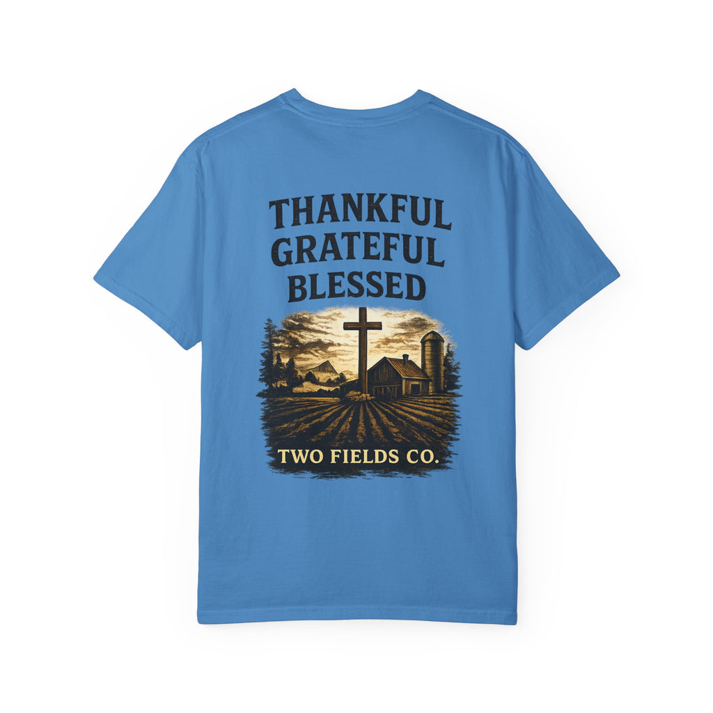 Blue crew-neck T-shirt with “THANKFUL GRATEFUL BLESSED” farm-cross graphic.