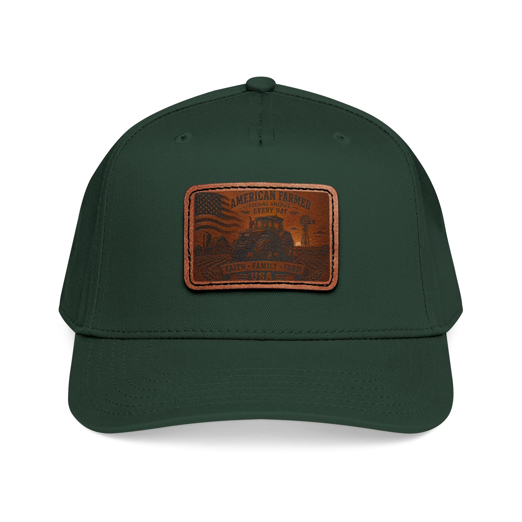 Leather patch baseball cap, dark green with rectangular tan leather front patch
