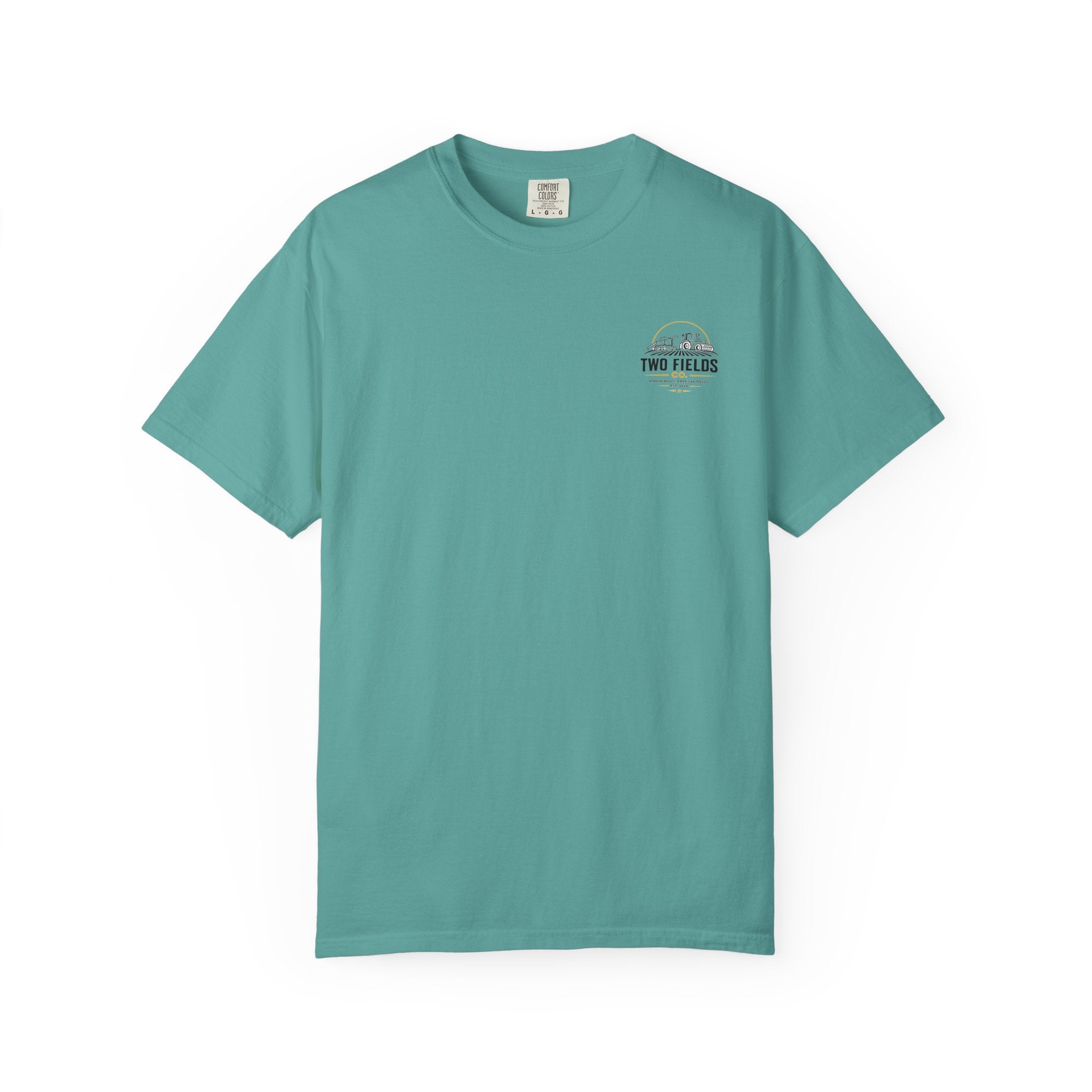 Light teal T-shirt with small “Two Fields Co.” chest logo