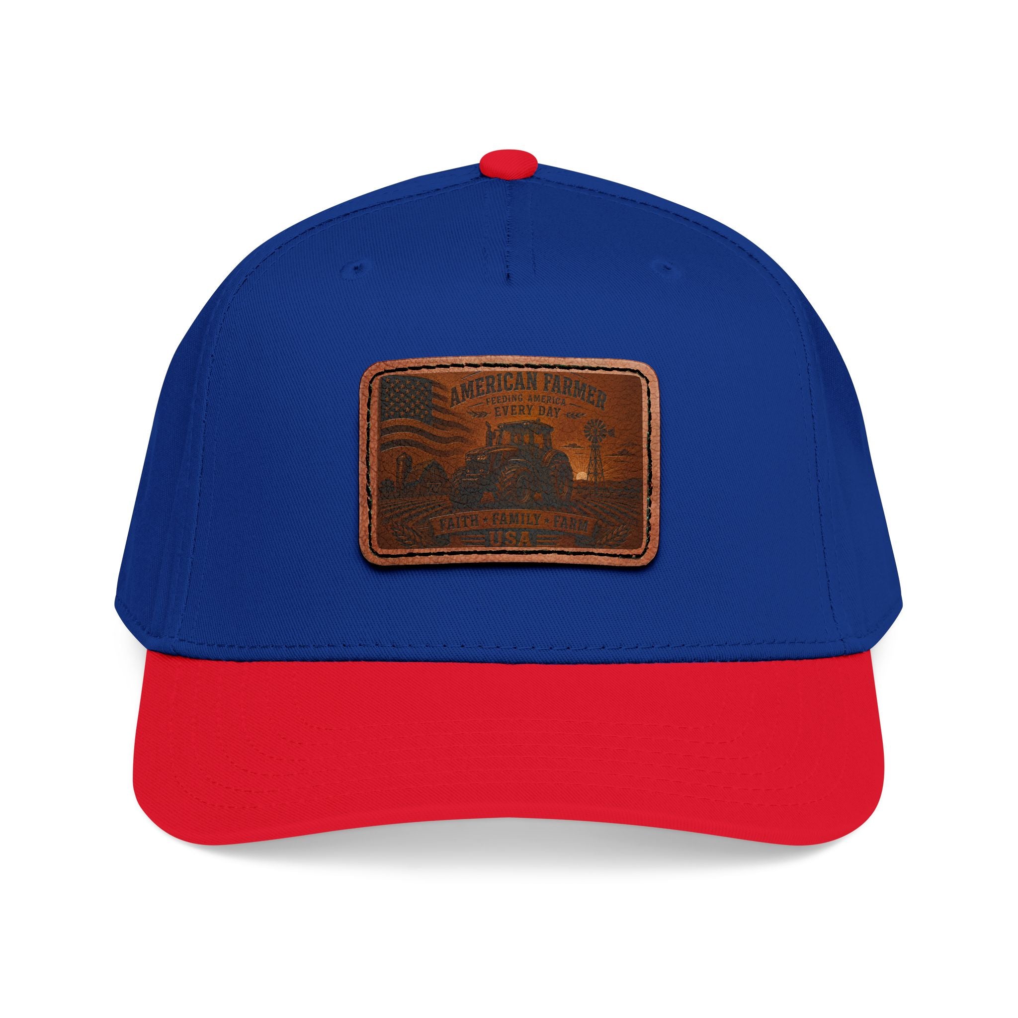 Leather patch baseball cap, blue crown and red brim with tan rectangular leather patch