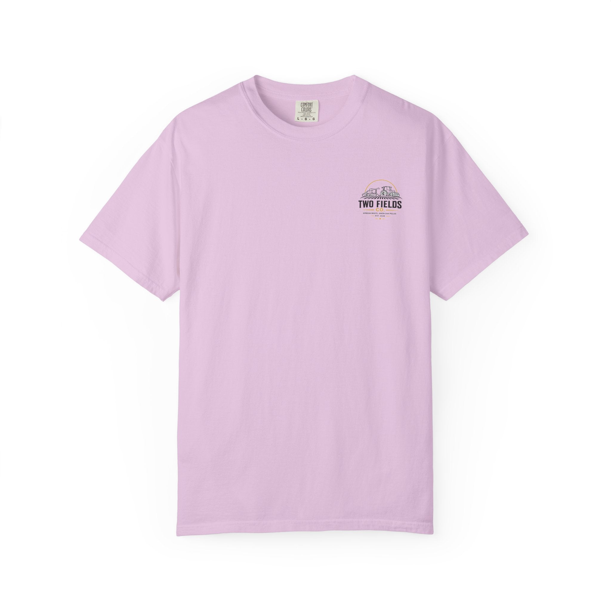Light purple crew-neck T-shirt with small Two Fields Co. mountain logo on chest