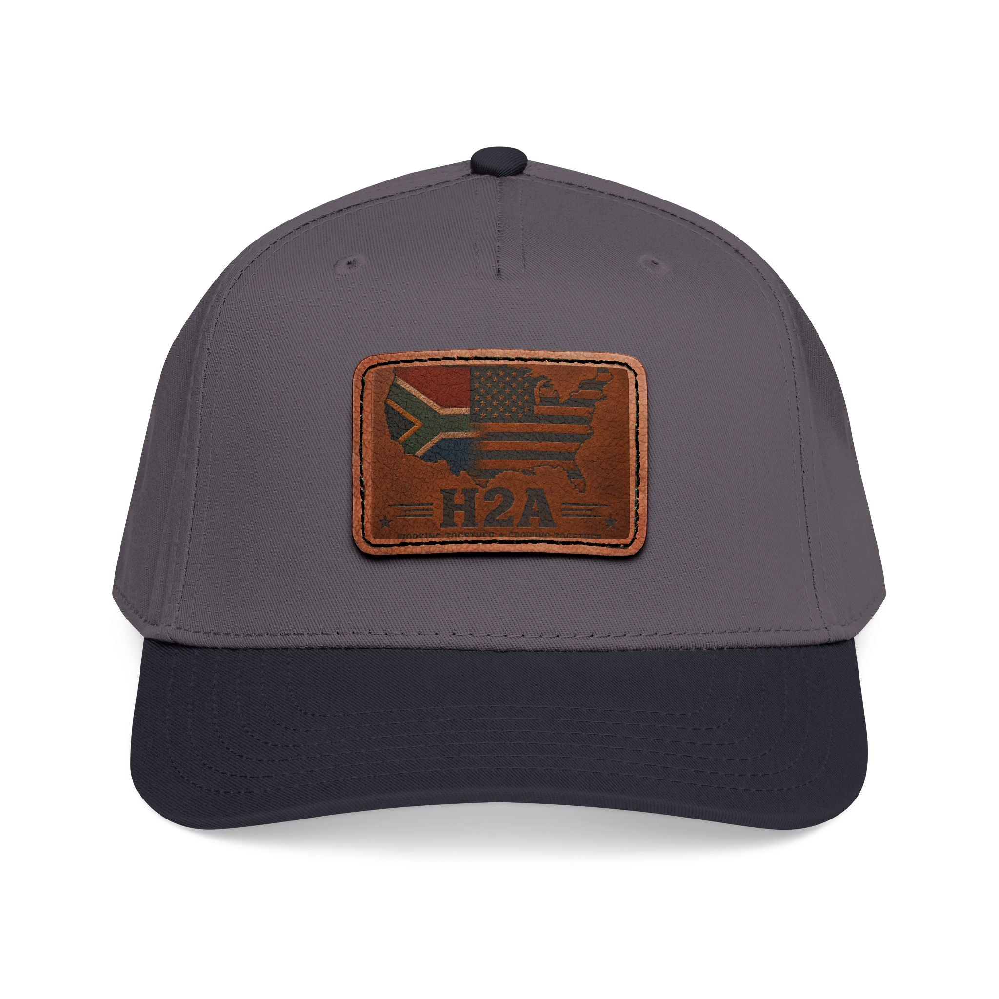 Gray and dark blue baseball cap with rectangular H2A flag leather patch