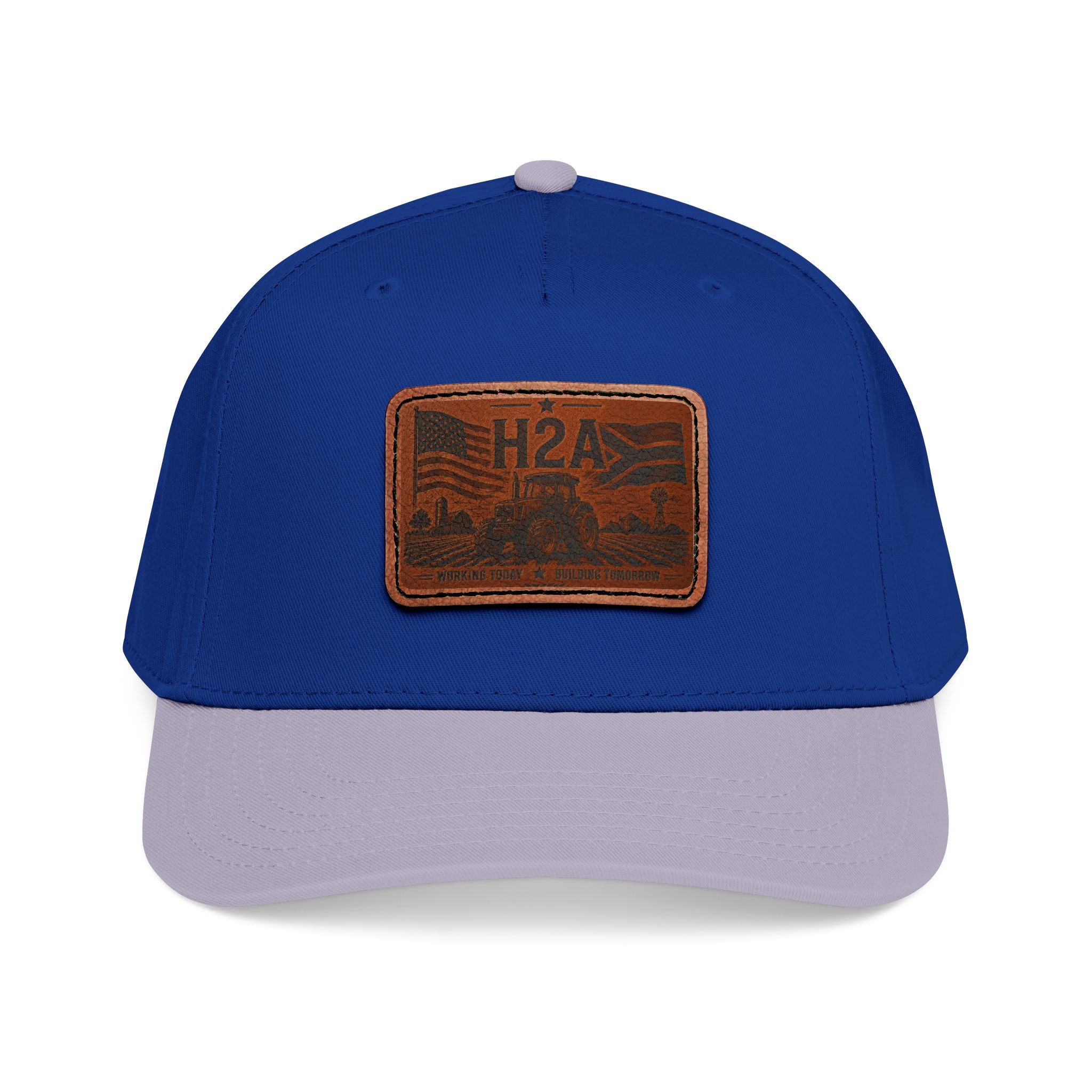 Royal blue baseball cap with rectangular H2A leather patch on front
