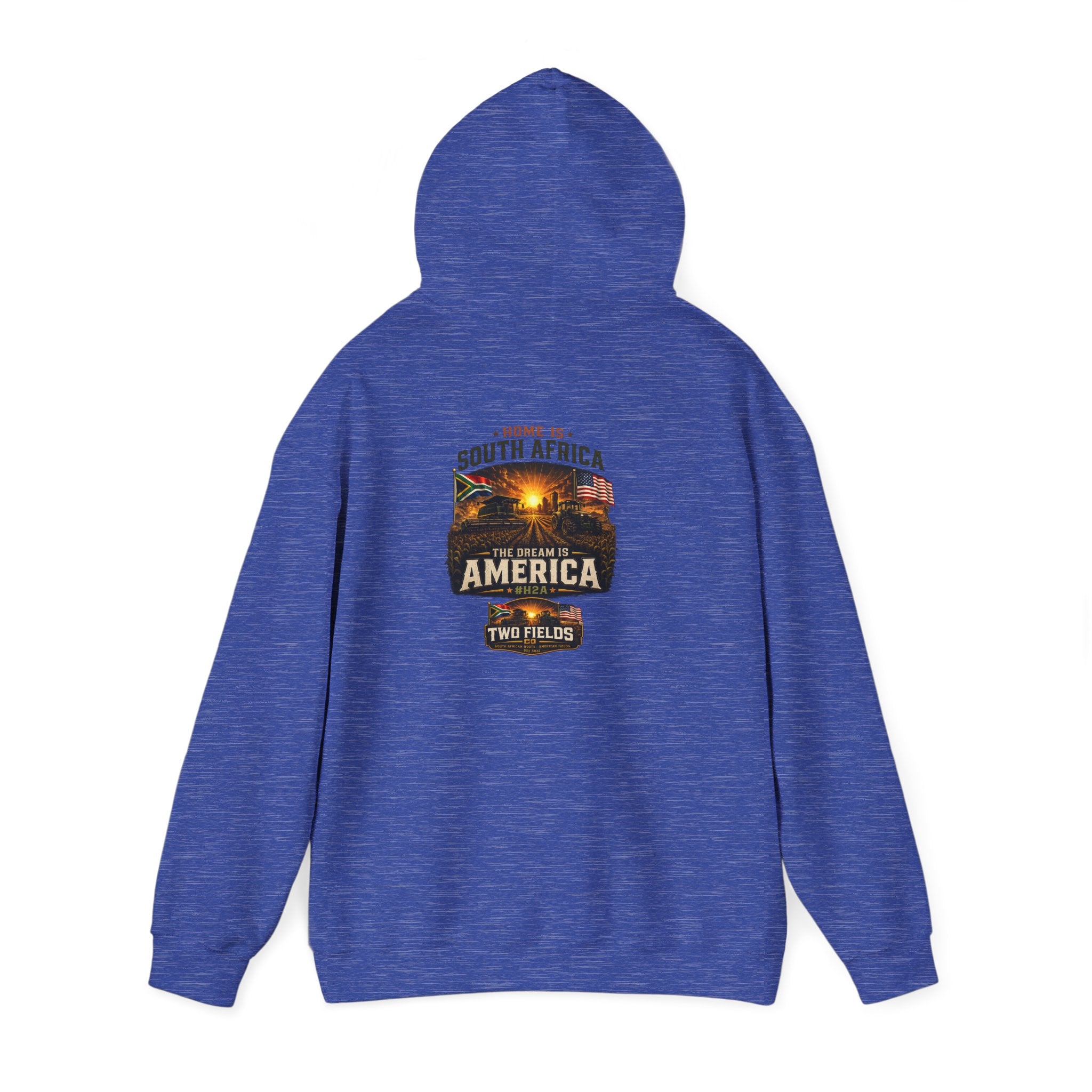 Indigo-blue hoodie with hood and printed South Africa–America travel graphic on back