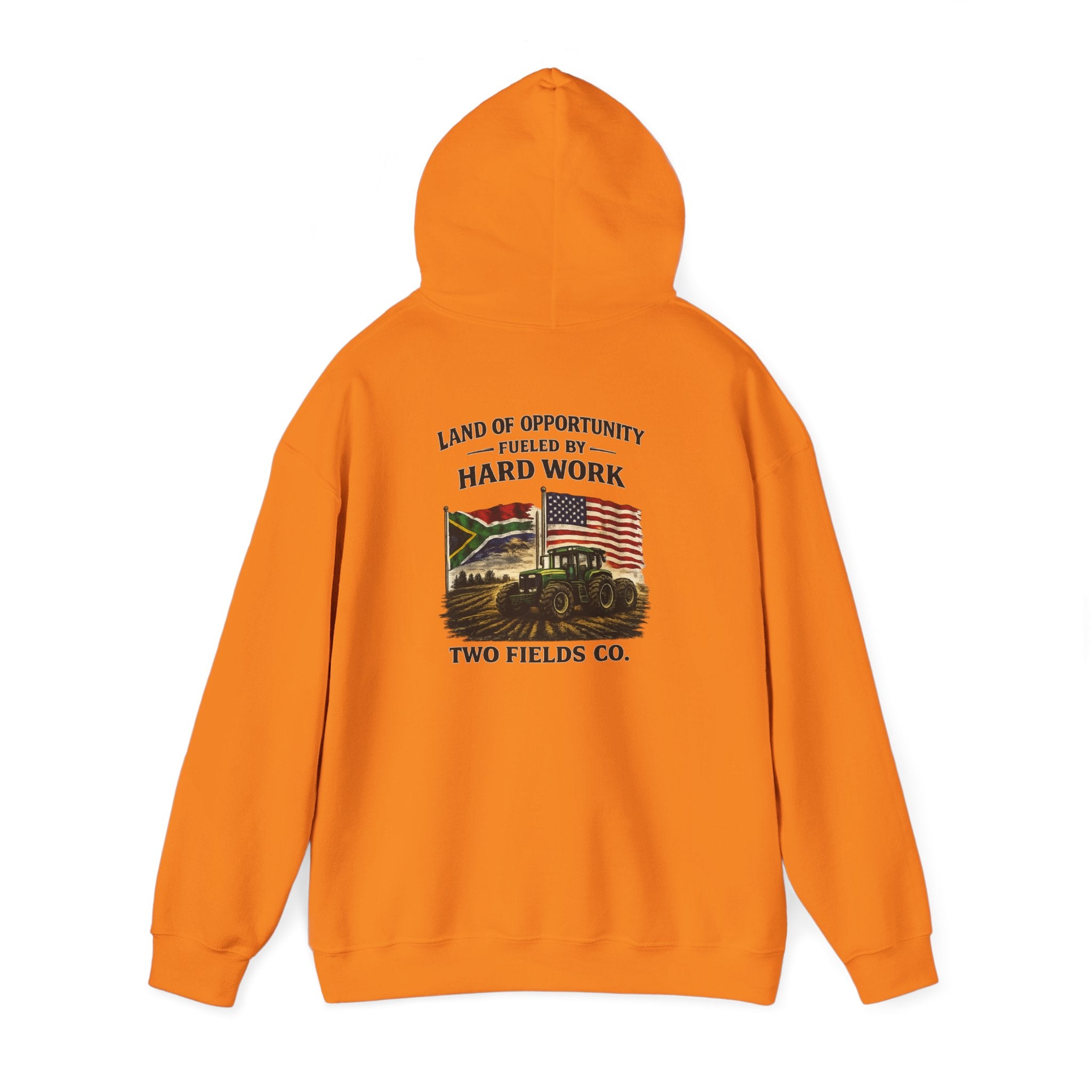 Orange vintage tractor hoodie with hood and back graphic text "Hard Work"