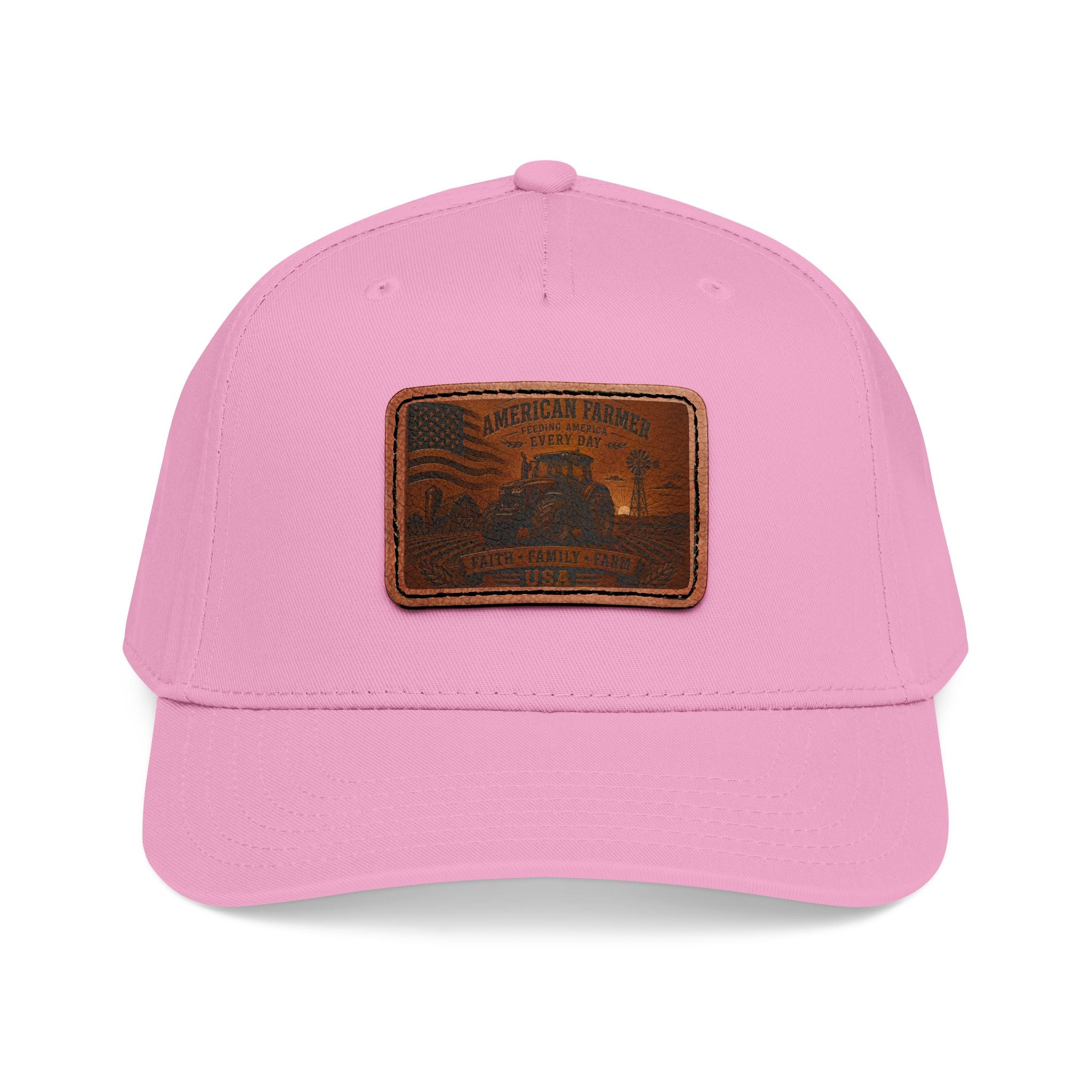 Baseball cap in pink with rectangular leather patch on front