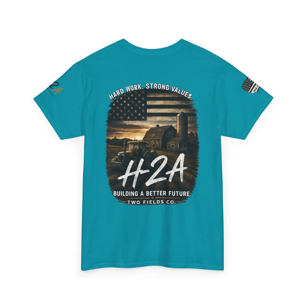 Teal farming T-shirt with front patriotic farm graphic and H2A text