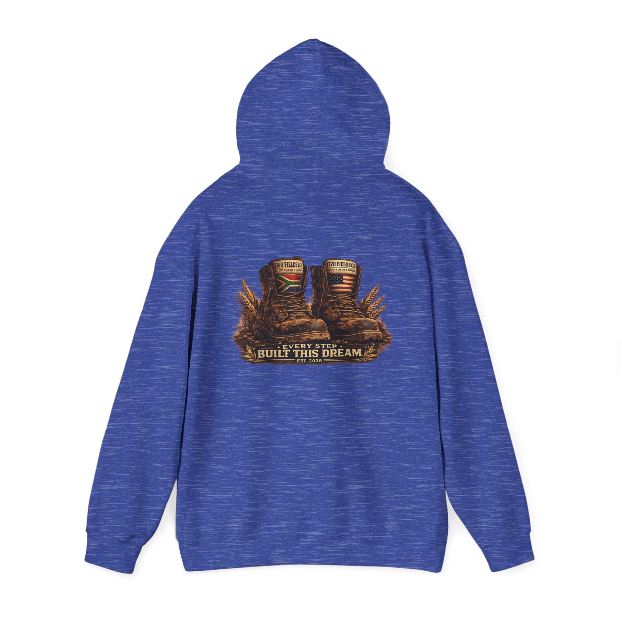 Blue pullover hoodie with front kangaroo pocket and small chest graphic logo
