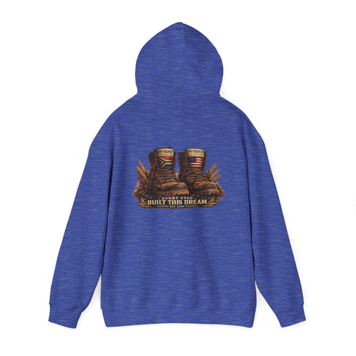 Blue pullover hoodie with front kangaroo pocket and small chest graphic logo