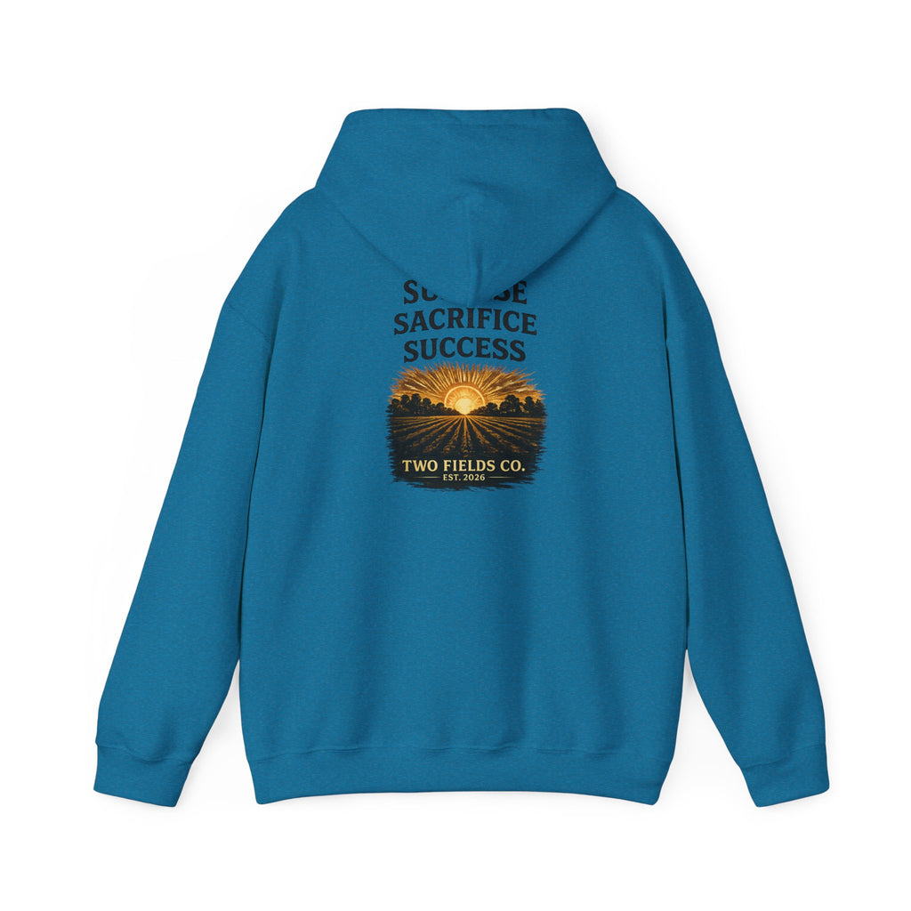 Teal pullover hoodie with Sunrise Sacrifice Success sunrise graphic and Two Fields Co.