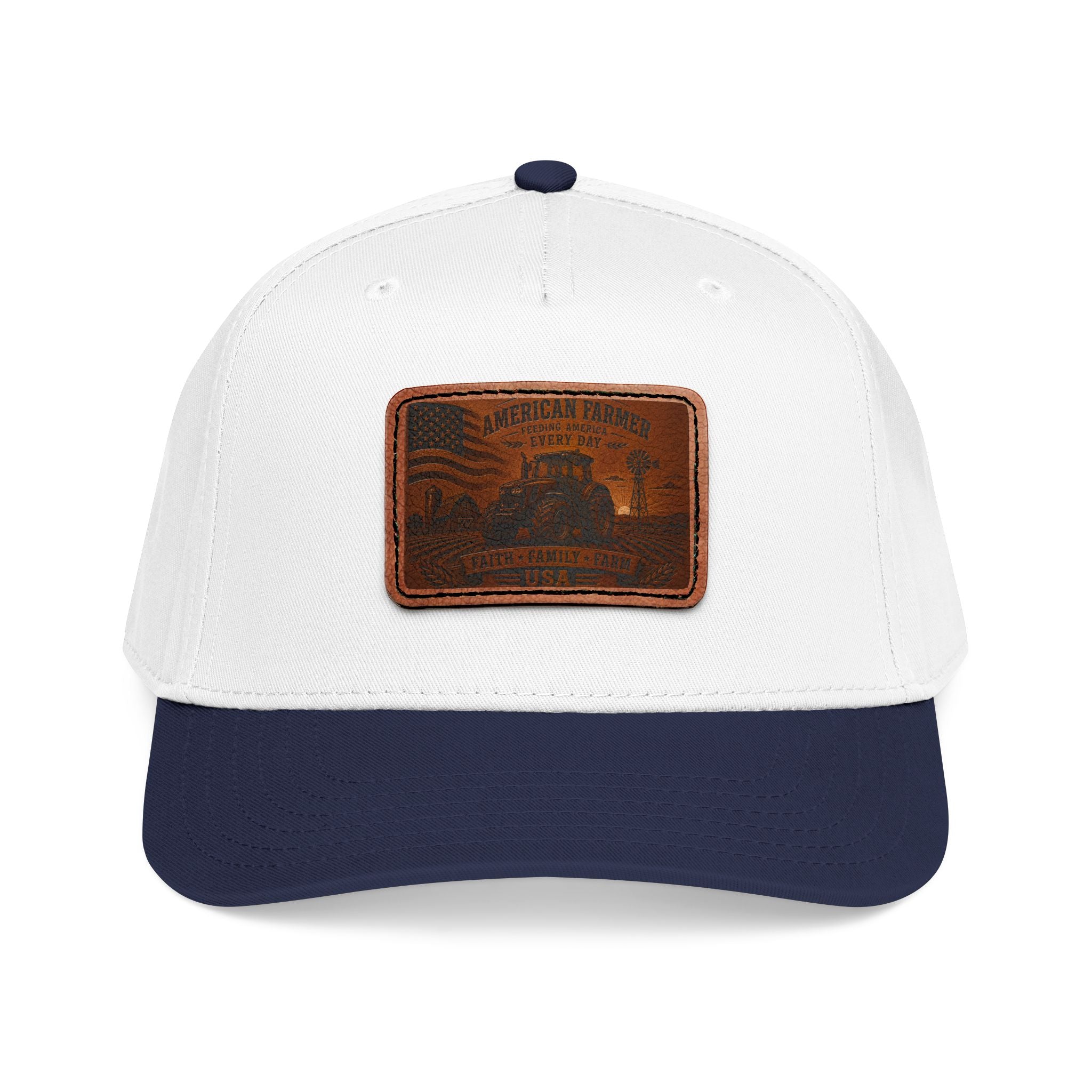 Leather patch baseball cap with white crown, navy brim, and stitched leather badge.