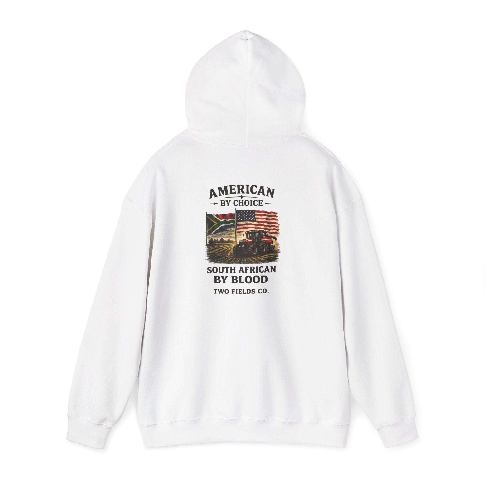 White pullover hoodie with large centered front graphic print and hood drawstrings.