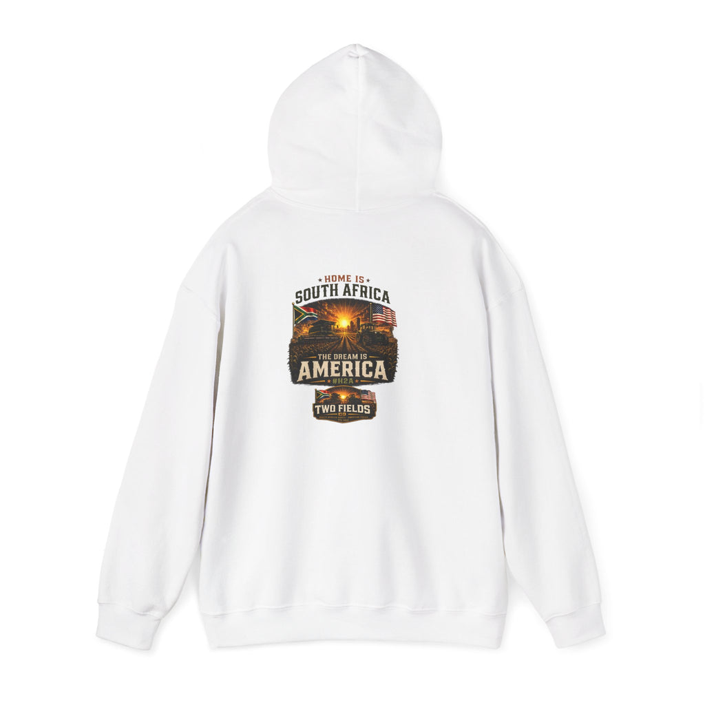 White pullover hoodie shown from the back with large America graphic and text