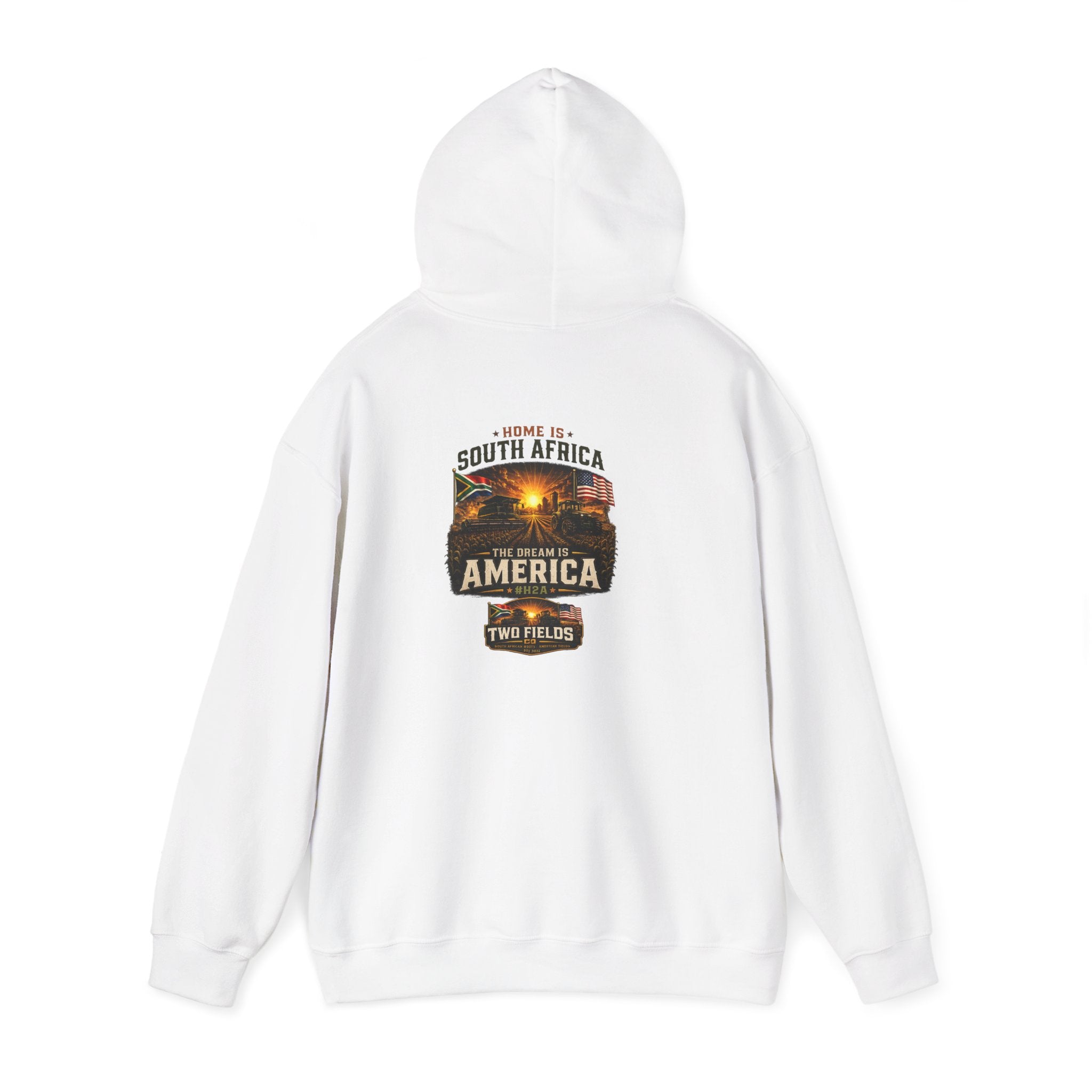 White pullover hoodie shown from the back with large America graphic and text