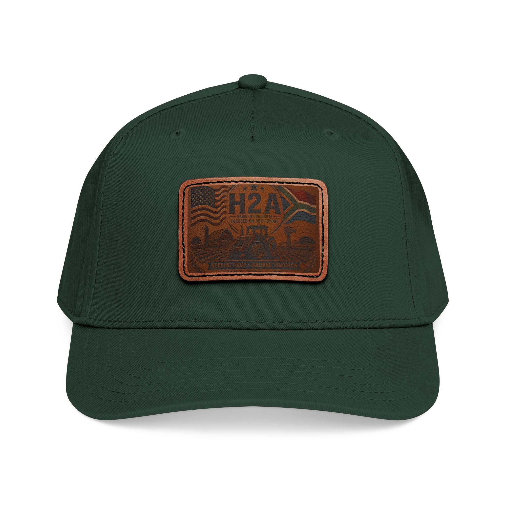 Leather patch baseball cap, dark green with rectangular H2A truck patch on front