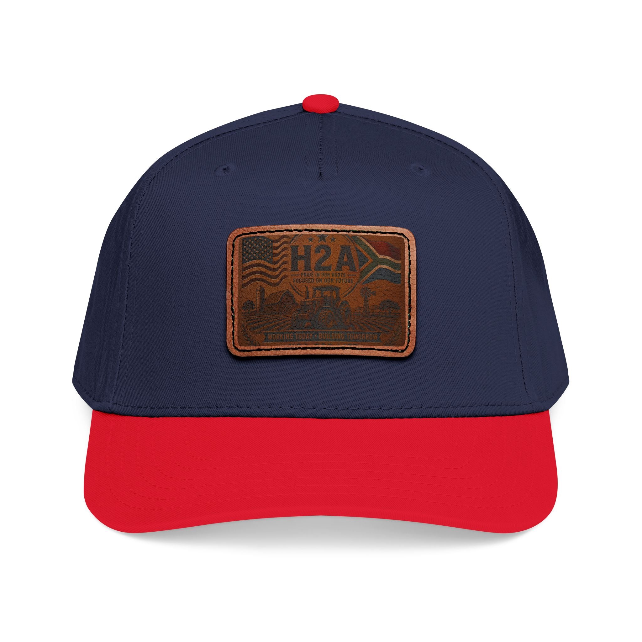Navy-and-red baseball cap with rectangular H2A leather patch