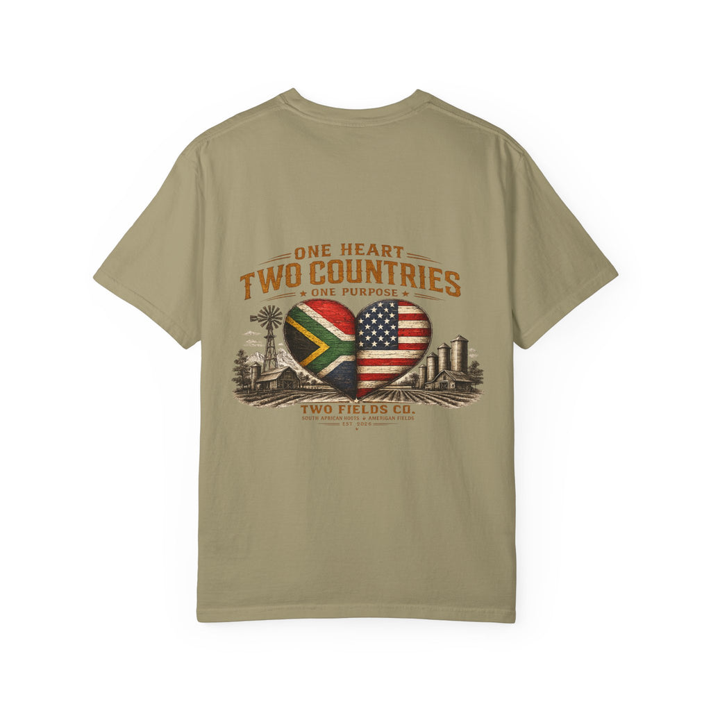 Olive crewneck T-shirt with large heart graphic featuring South Africa and USA flags