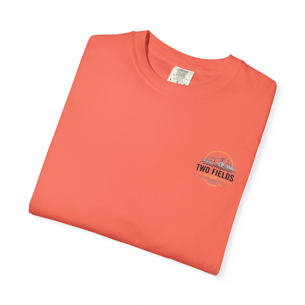 Coral crew-neck T-shirt folded with Two Fields Co. logo on left chest